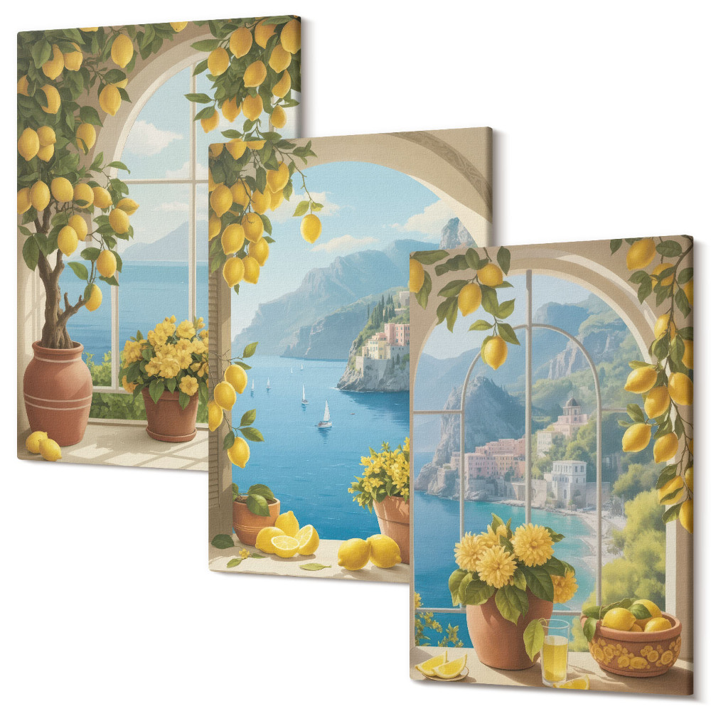 Háromrészes vászonkép szett Tengeri panoráma olasz citrommal az ablakokban