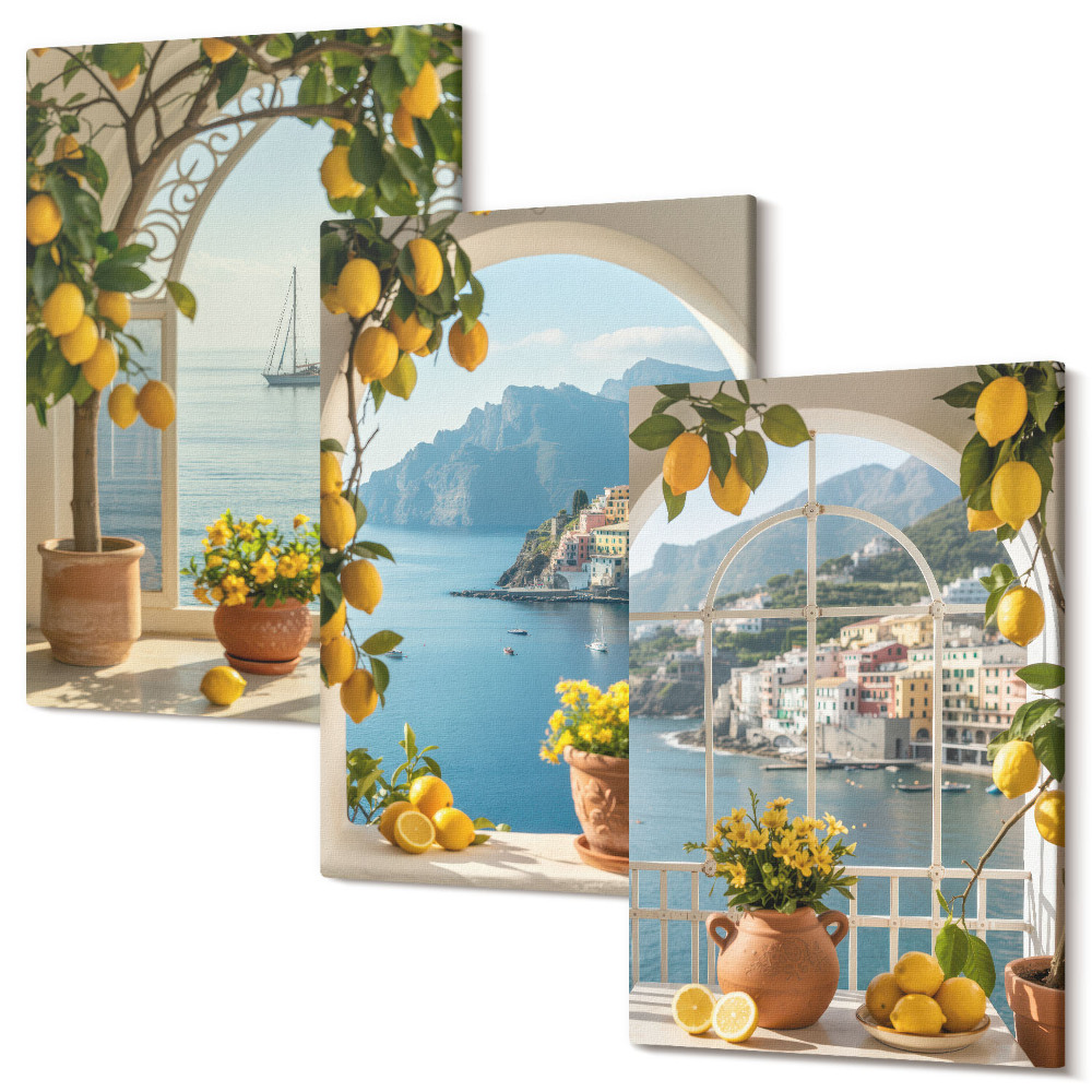 Falikép szett triptichon Tengerparti város citrom és virágok cserépben