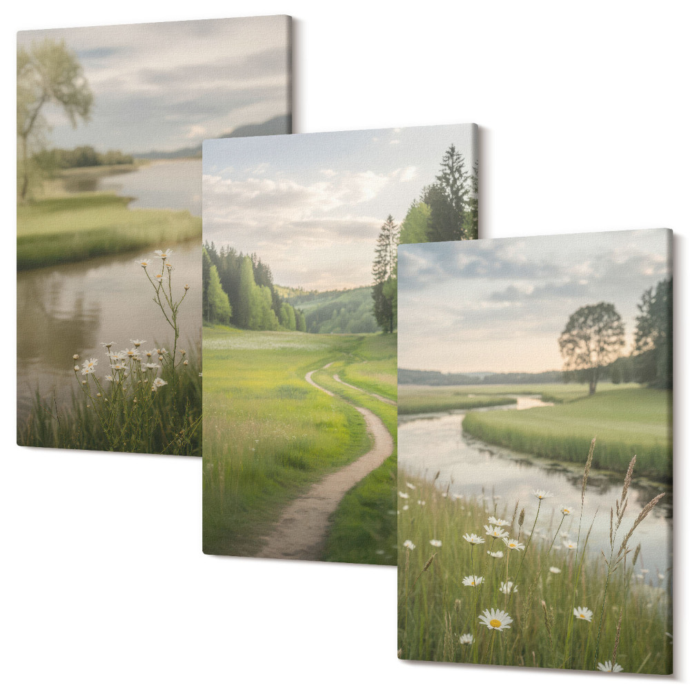 Háromrészes vászonkép szett Békés nyári tájak folyóval és virágos réttel