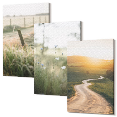 Kép szett triptichon Táj egy réttel, úttal és naplementével