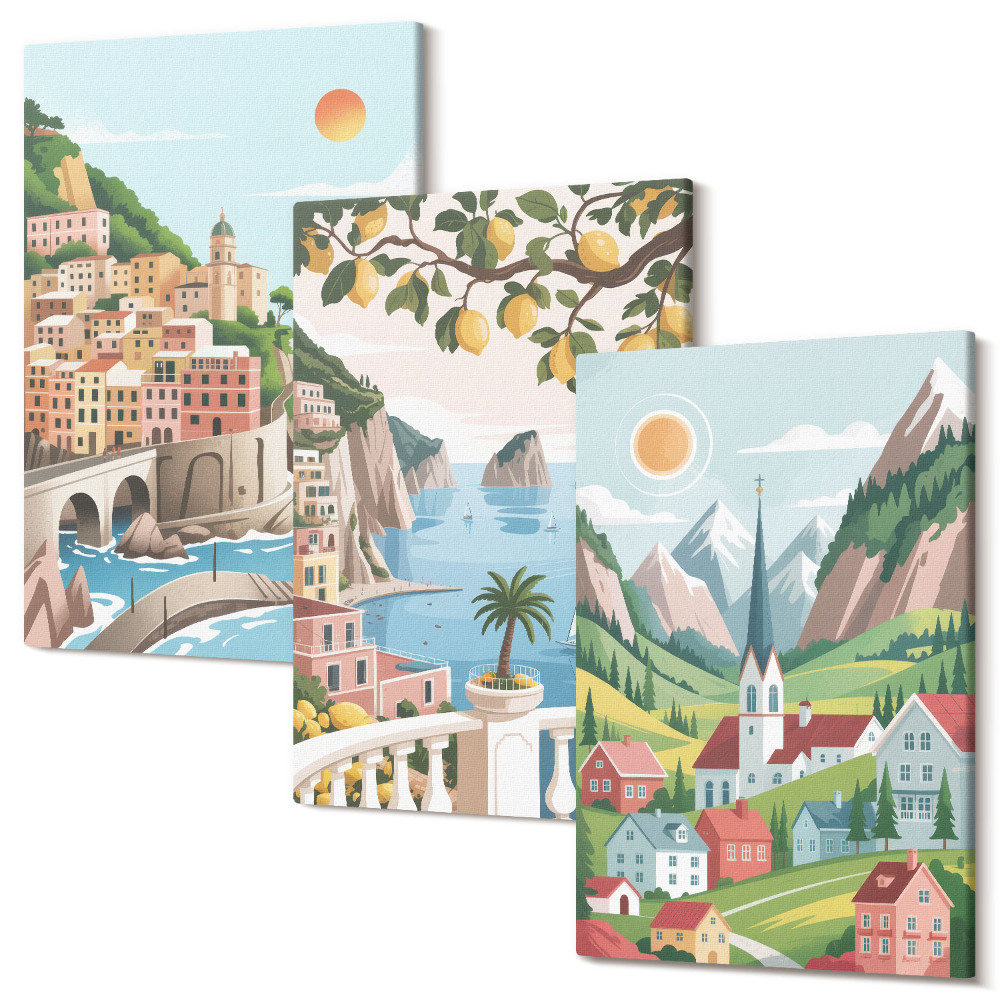 Kép szett triptichon Festői tájak tengerrel és citrusfélékkel