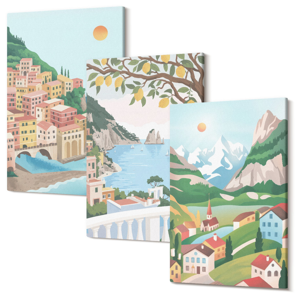 Háromrészes vászonkép szett Tengerre néző kilátás pasztell színű házakkal