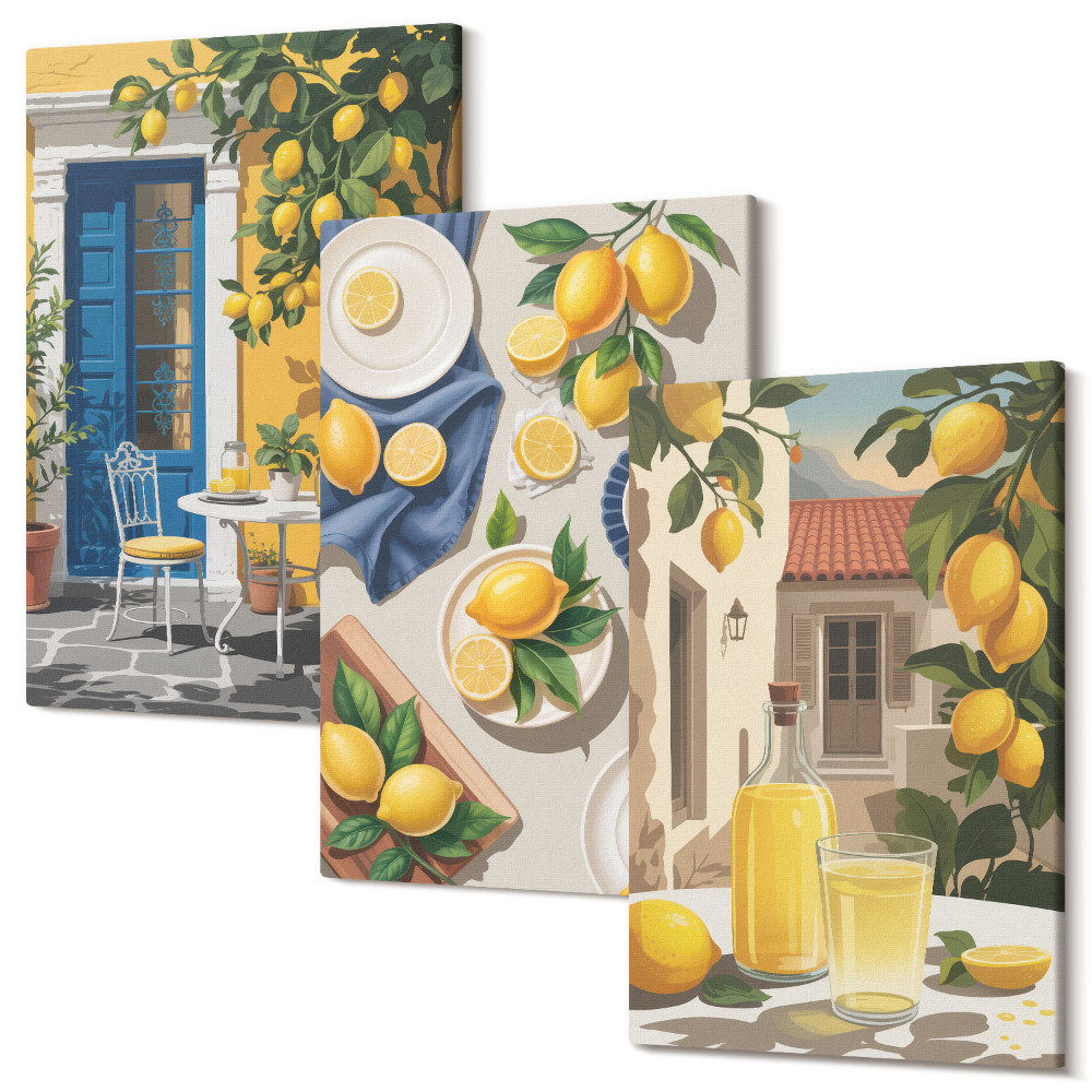 Falikép szett triptichon Citromos kert citrommal és italokkal az asztalon