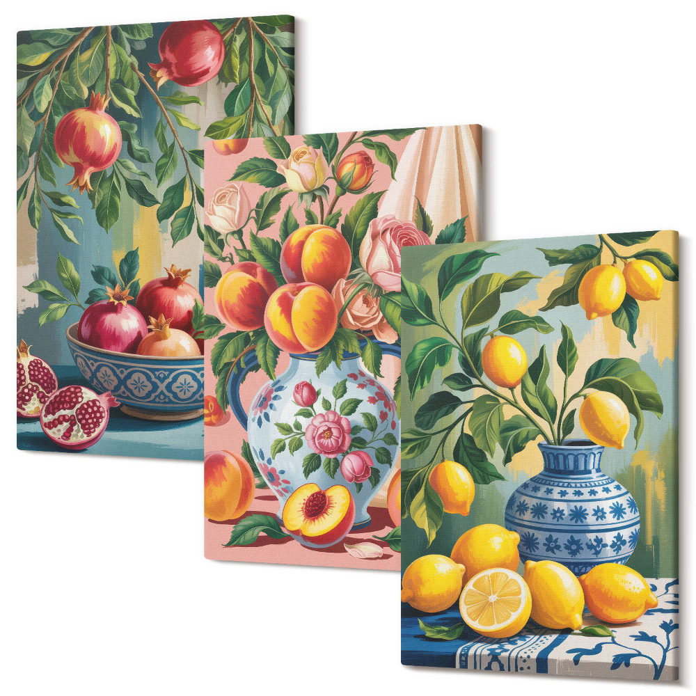 Falikép szett triptichon Gyümölcs kompozíciók gránátalmával, citrommal és őszibarackkal