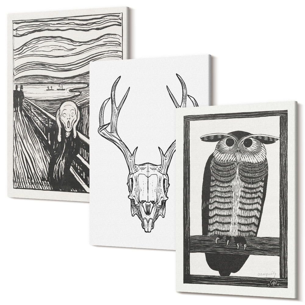 Kép szett triptichon A Scream kép ihlette koponyával és bagollyal, grafikai stílusban