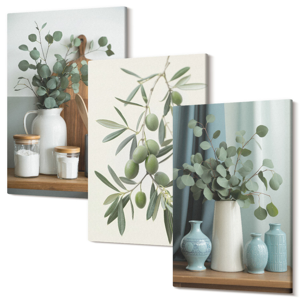 Háromrészes vászonkép szett Zöld olajbogyó és eukaliptusz ágak esztétikus