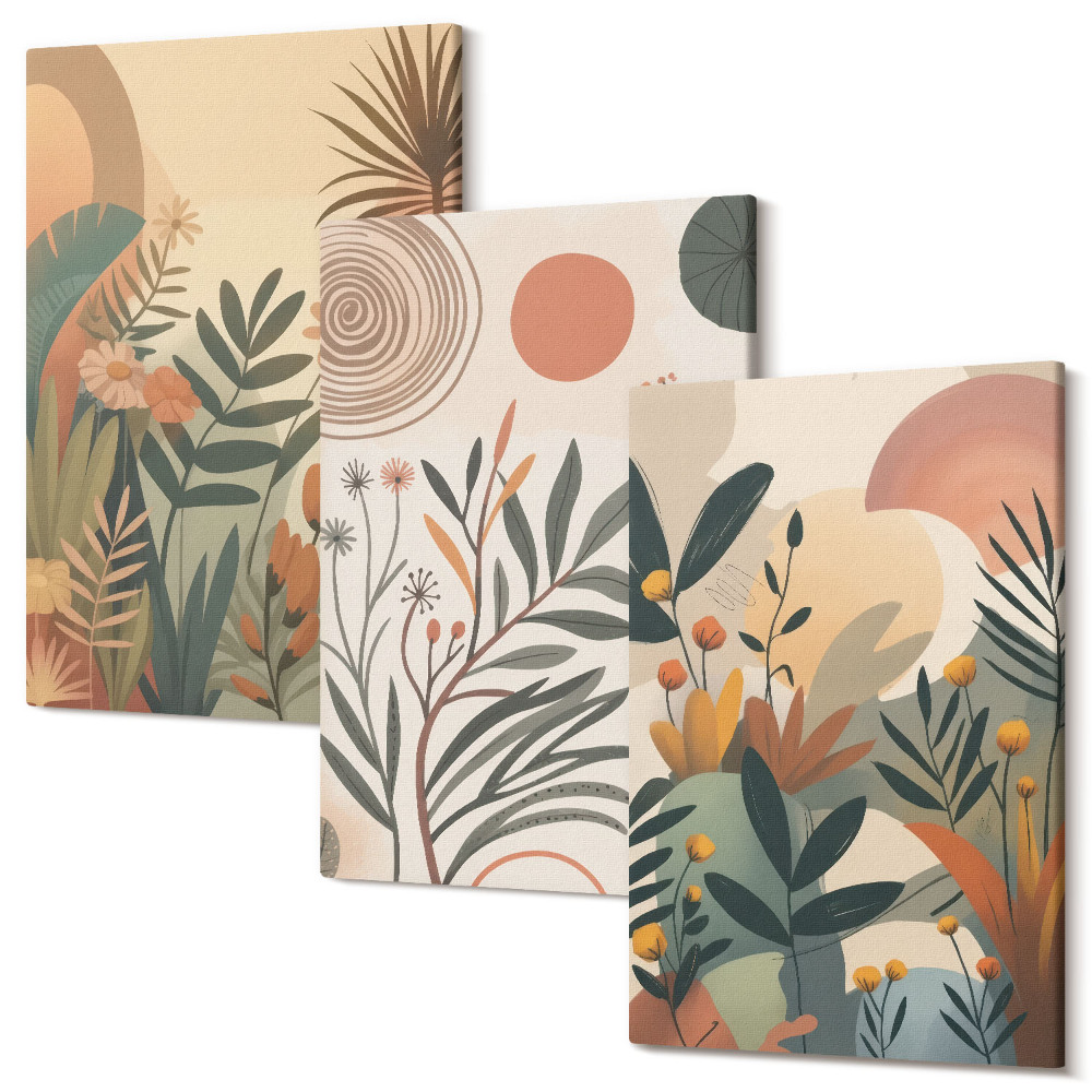 Háromrészes vászonkép szett Növényi motívumok tompa színekben, körökkel
