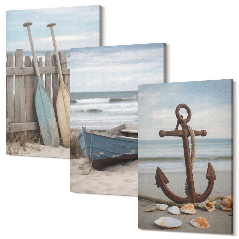 Kép szett triptichon Egy strand evezős csónakkal és horgonyzóval a homokban