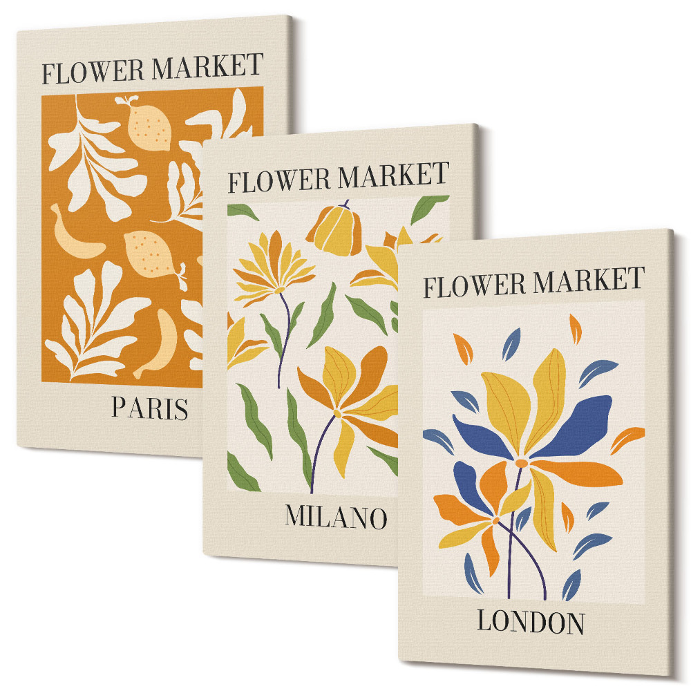 Háromrészes vászonkép szett Virágos plakátok Párizs Milánó London