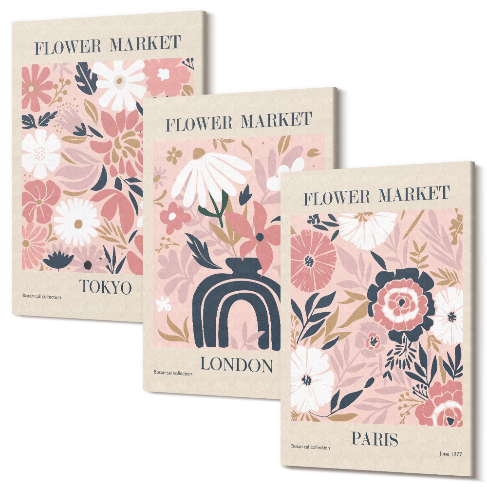 Kép szett triptichon Virágmotívumok Tokióban, Londonban és Párizsban
