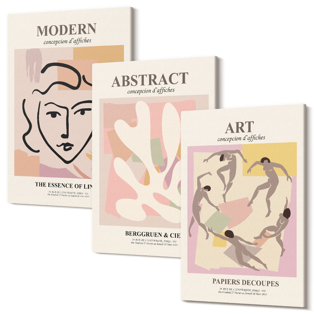 Háromrészes vászonkép szett Stílusos portrék és absztrakt formák pasztell színekben