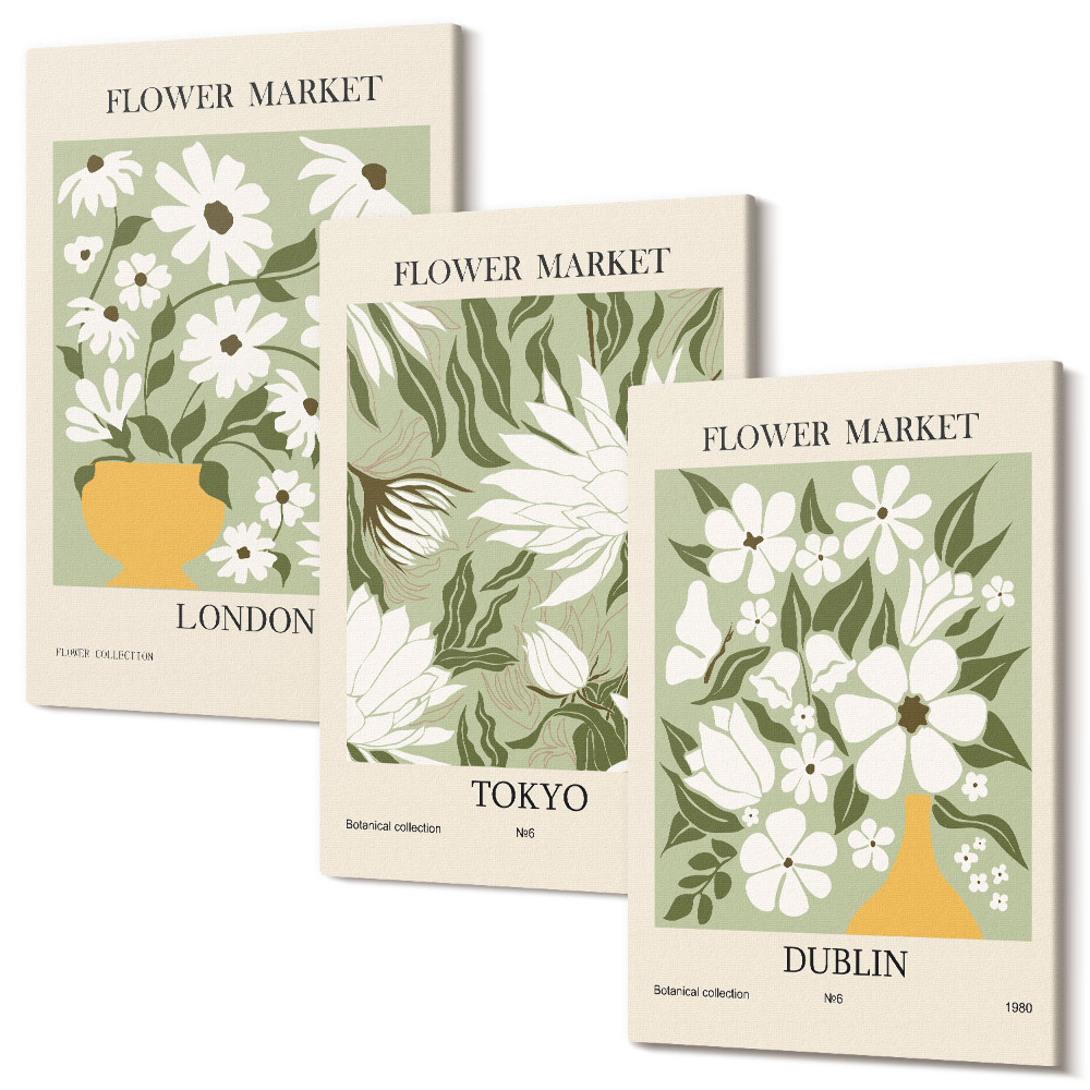 Kép szett triptichon Virágos plakáttervek London Tokió Dublin