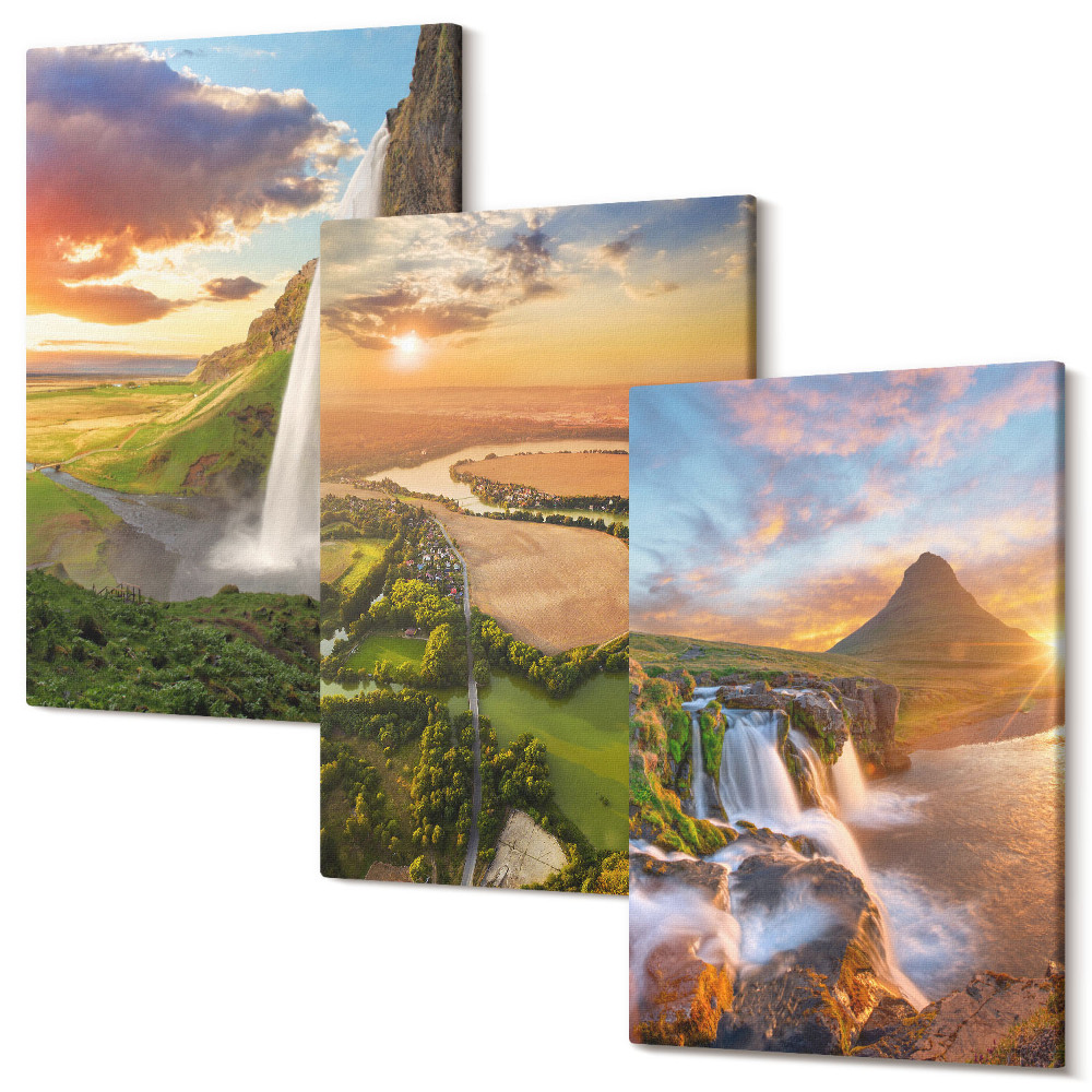 Háromrészes vászonkép szett Vízesések, hegyi tájak és folyók naplementekor