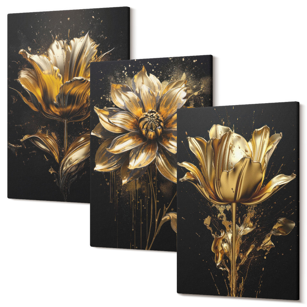 Falikép szett triptichon Sárga árnyalatú virágok sötét alapon