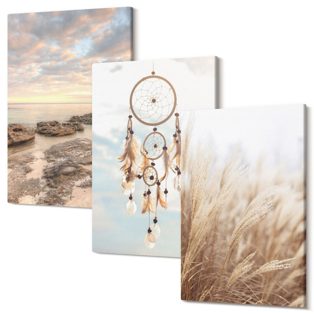 Falikép szett triptichon Tengerre néző felhőkkel, álomfogóval és fűvel