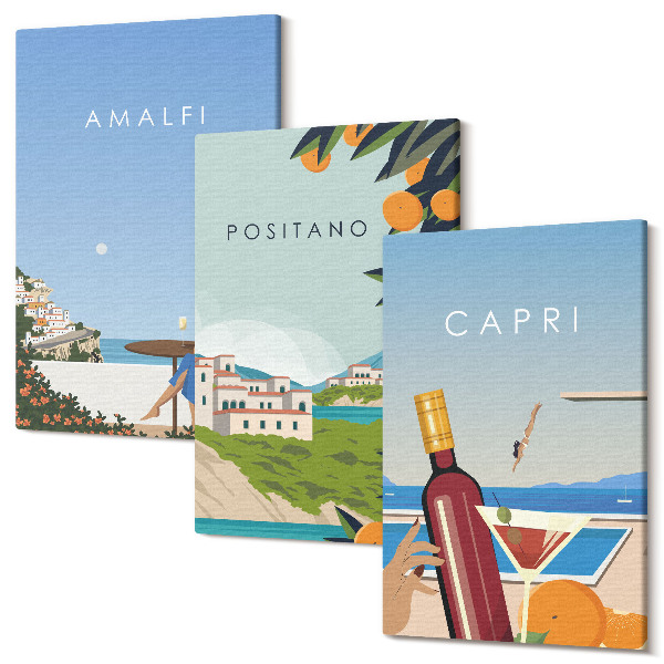 Falikép szett triptichon Nyaralás kilátással Amalfira, Positano-ra és Caprira