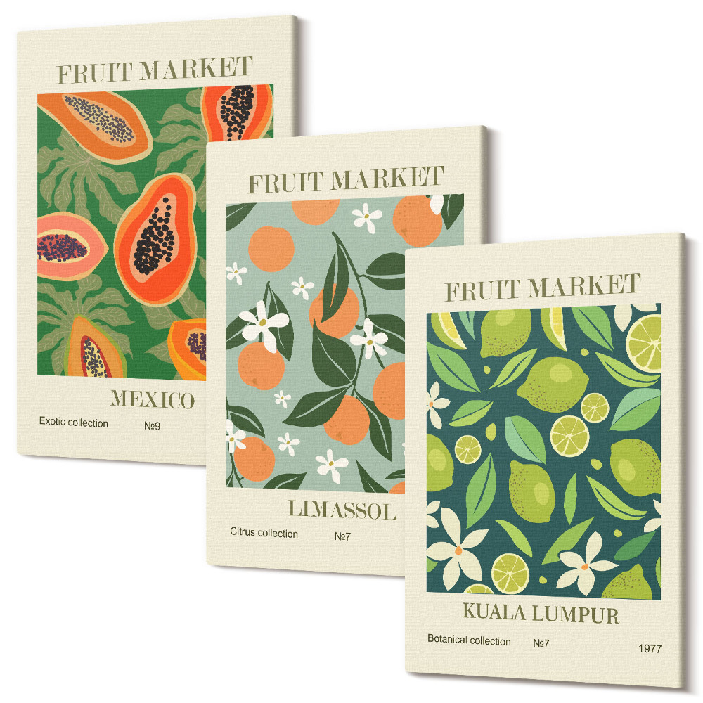 Falikép szett triptichon Gyümölcs minták vintage plakátok