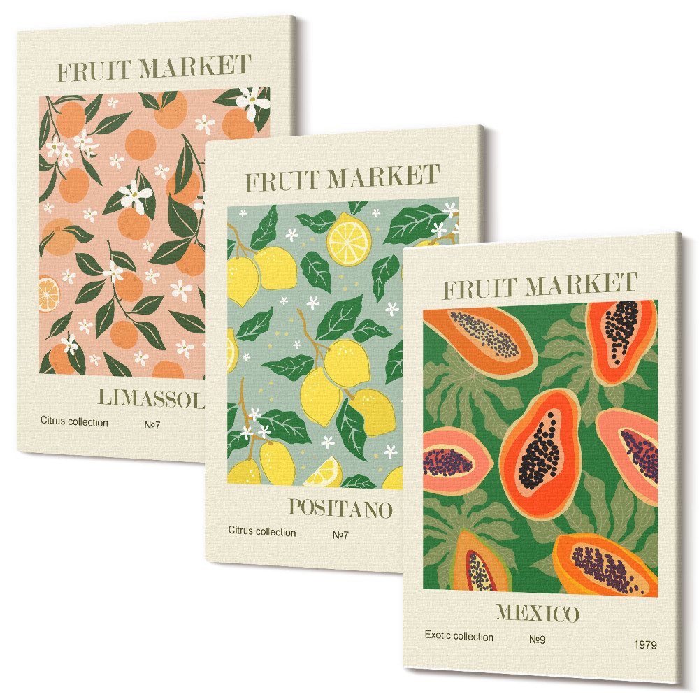 Falikép szett triptichon Citrusok és trópusi gyümölcsök retro stílusban