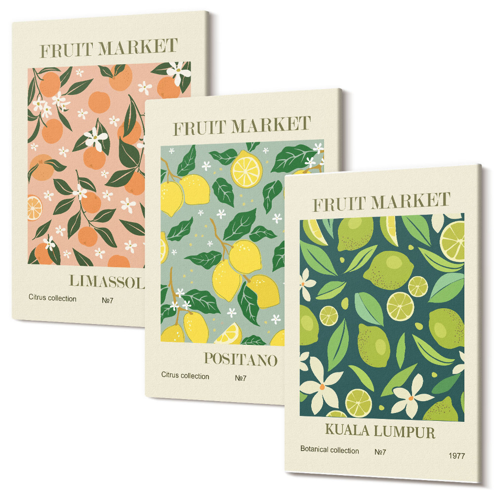 Kép szett triptichon Gyümölcsös minták citrusfélékkel és vintage virágokkal