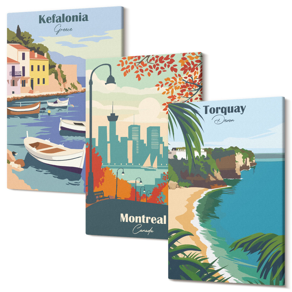 Háromrészes vászonkép szett Városképek és tájak Görögországból, Kanadából és Ausztráliából