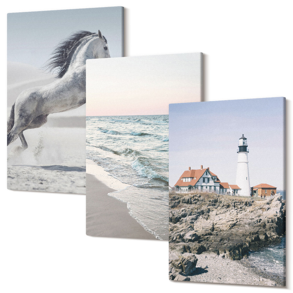 Kép szett triptichon Lovak mozgásban strand és a világítótorony víz hullámai