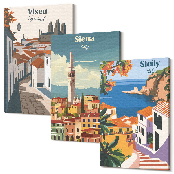 Falikép szett triptichon Retro illusztrációk a világ híres városairól