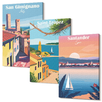 Kép szett triptichon Olasz városok és retro tengerparti tájak