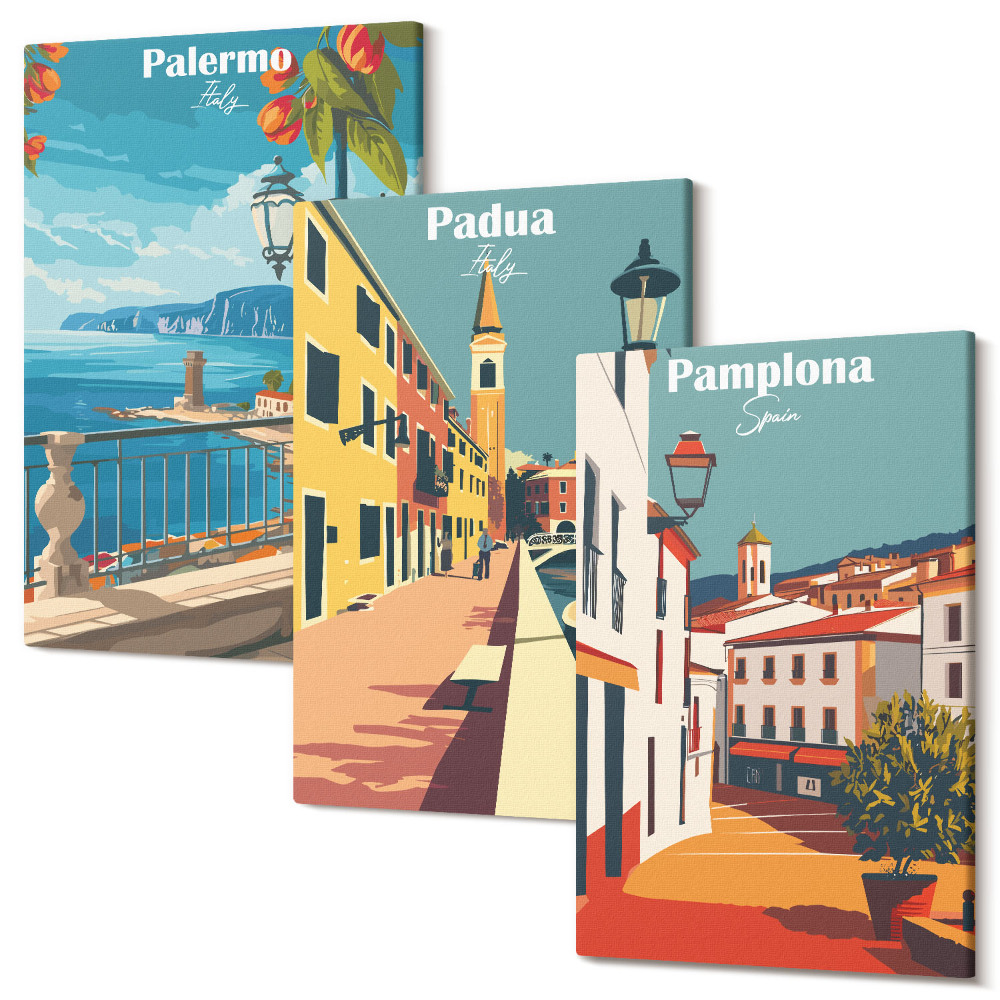 Kép szett triptichon Népszerű városok retro illusztrációs stílusban