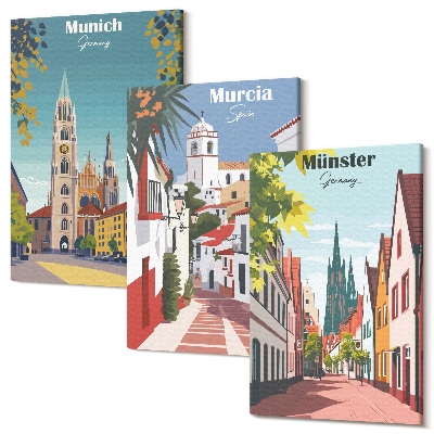 Háromrészes vászonkép szett Európai városok színes illusztrációkkal