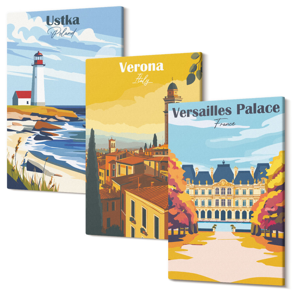 Falikép szett triptichon Kilátás a híres helyekre a tenger mellett és a városokban