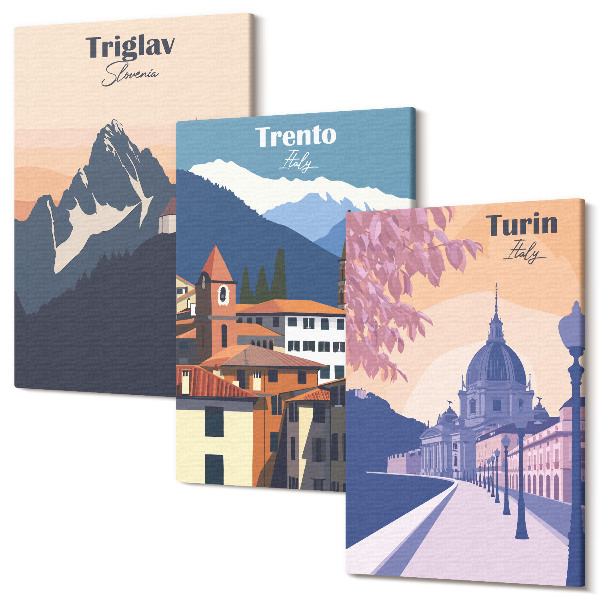Kép szett triptichon Hegyek és retro építészet színes illusztrációk
