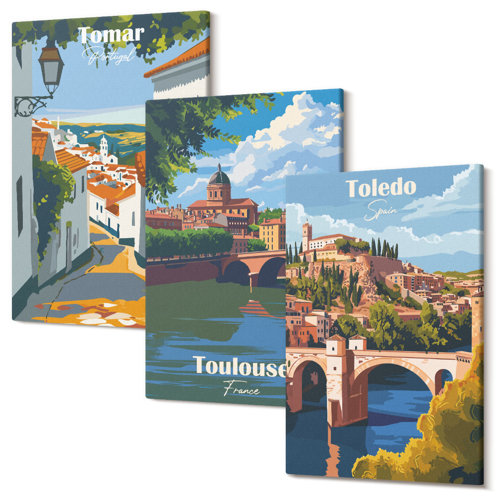 Háromrészes vászonkép szett Híres városok retro stílusú grafikája