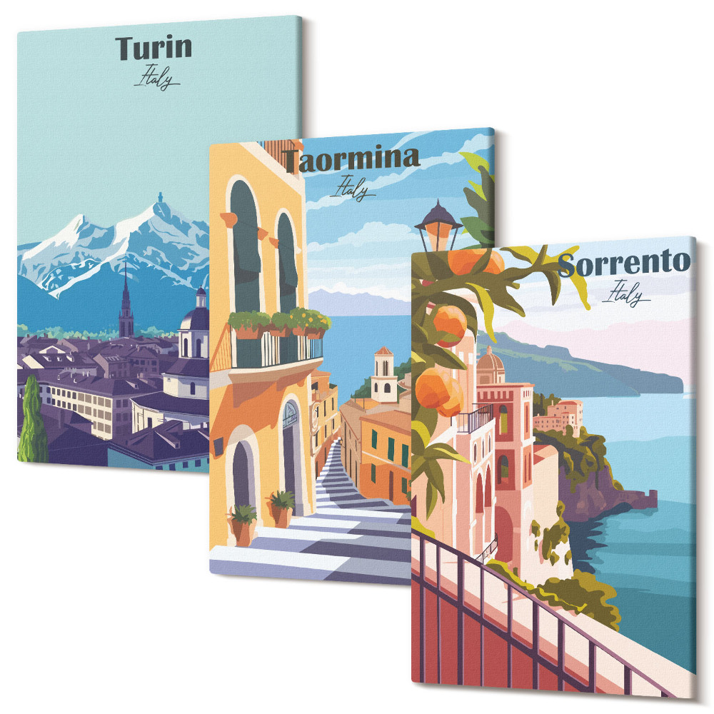 Háromrészes vászonkép szett Színes, retro stílusú szemléltető városképek