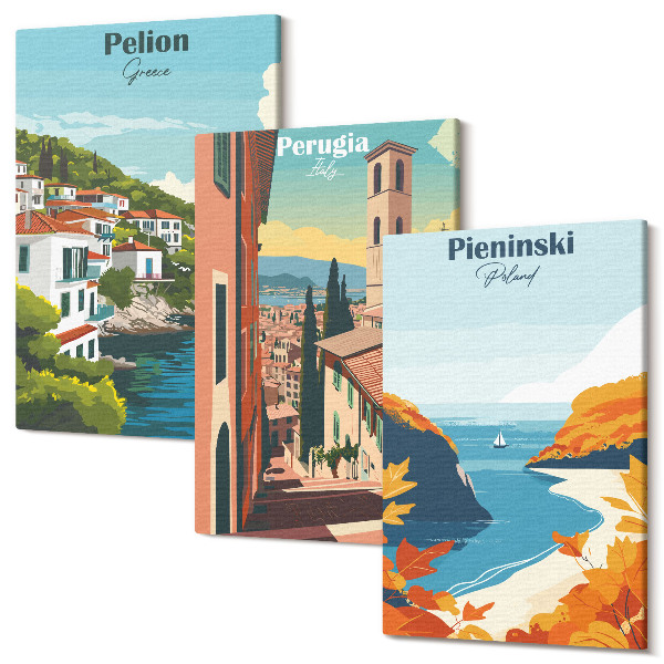 Falikép szett triptichon Festői tájak retro stílusban