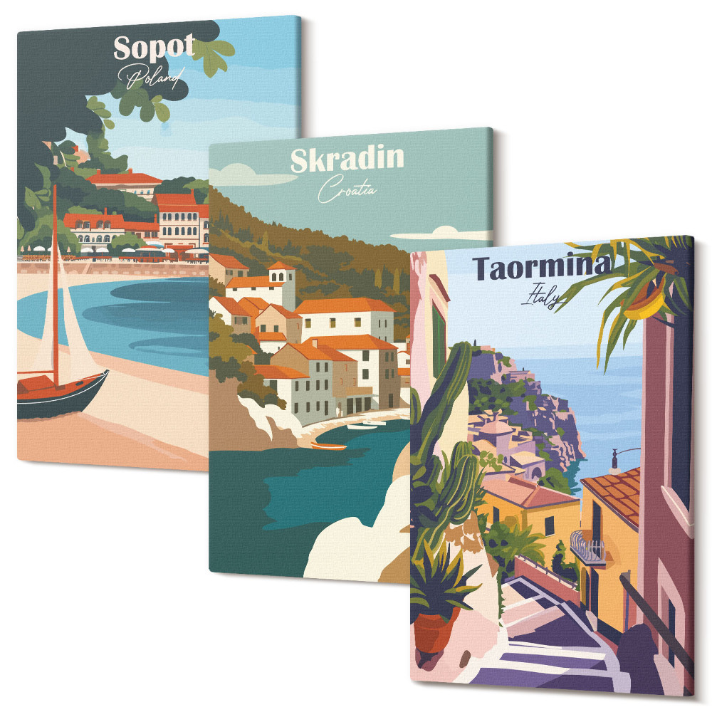 Kép szett triptichon Tengerparti városra néző stílusos illusztrációk