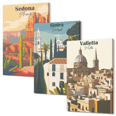 Háromrészes vászonkép szett Sedona Sintra Valletta retro városképei