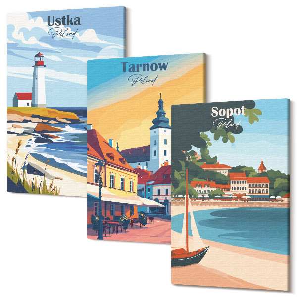 Kép szett triptichon Kilátás a lengyel városokra, Ustka Tarnów Sopotra