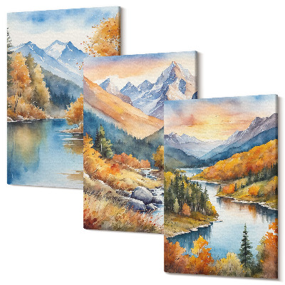 Háromrészes vászonkép szett Hegyi táj folyóval és őszi fákkal