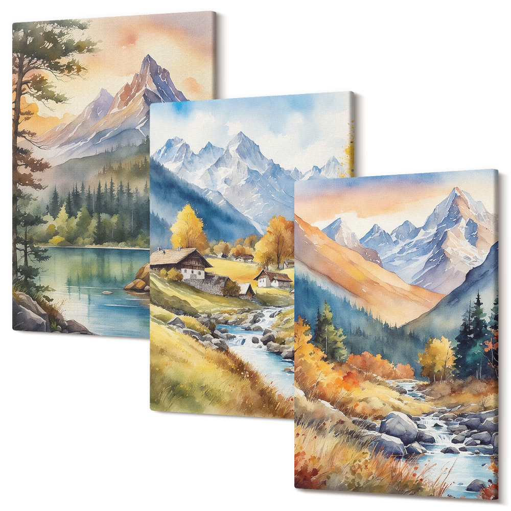 Kép szett triptichon Hegyi táj folyóval és őszi színekben pompázó házikókkal