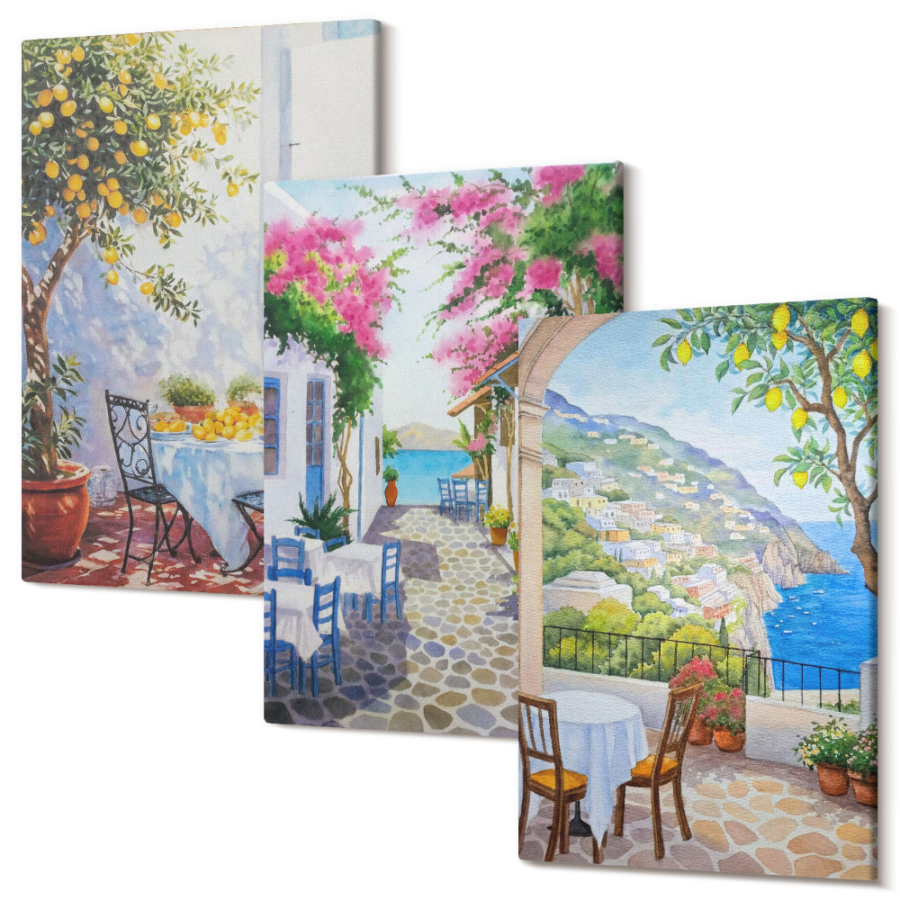 Háromrészes vászonkép szett Bájos utcák virágos növényekkel és kilátással a tengerre