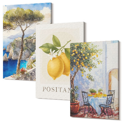 Falikép szett triptichon Kilátás Positano városára, citromfákkal a napon