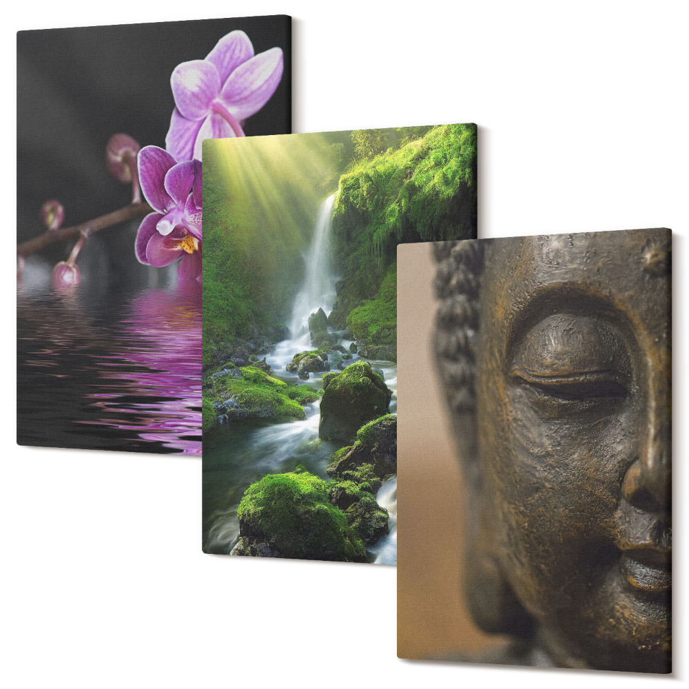 Háromrészes vászonkép szett Virágok a vízesésben, zöld sziklákkal, Buddha