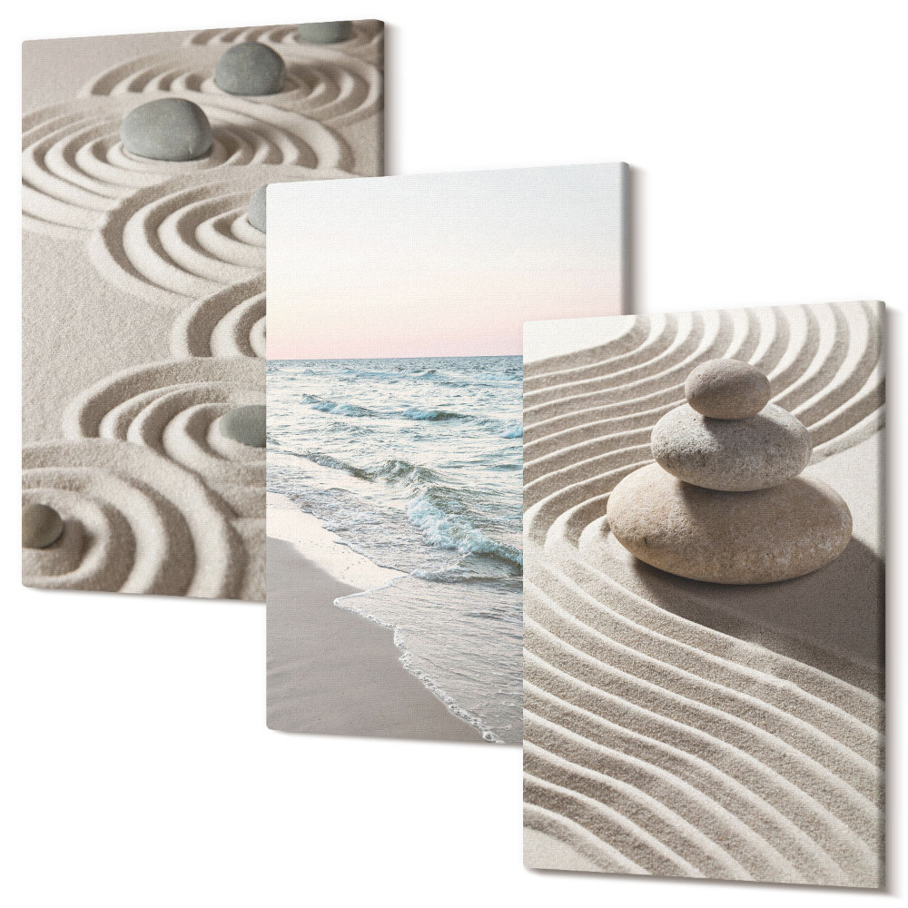 Falikép szett triptichon Nyugodt homok- és vízhullámok kövekkel a tengerparton