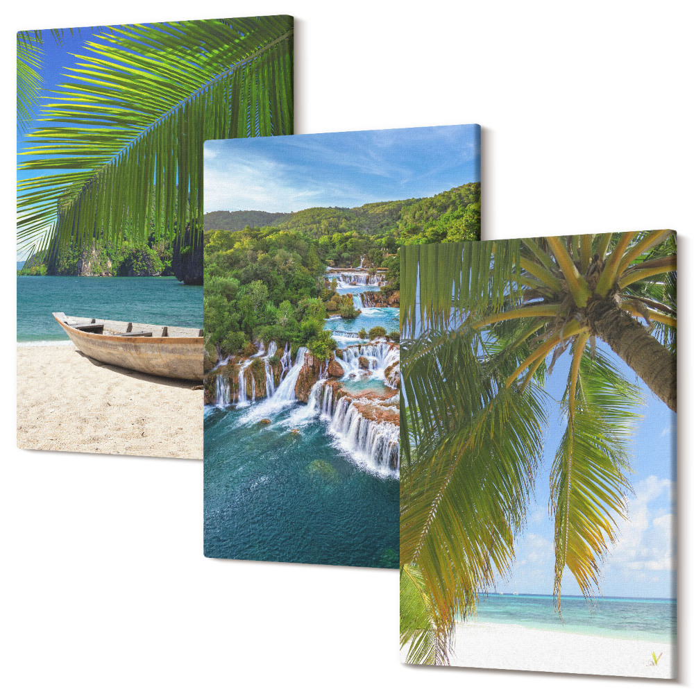 Háromrészes vászonkép szett Strand csónakkal, vízesésekkel és pálmafákkal a trópusokon