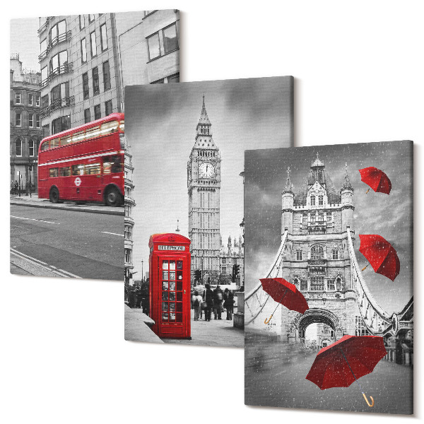Falikép szett triptichon Vörös akcentusok és híres londoni épületek