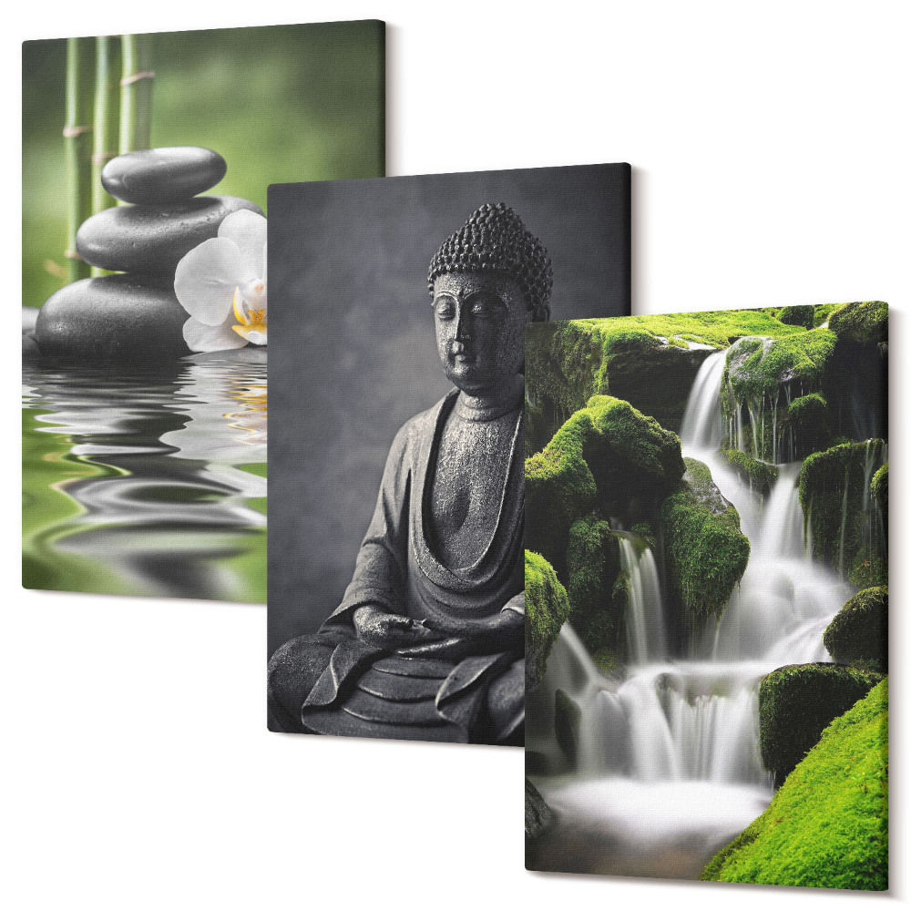 Háromrészes vászonkép szett Pihentető ZEN-festmények vízzel, kövekkel és Buddhával