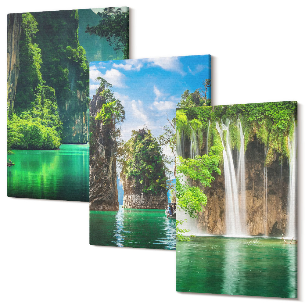 Háromrészes vászonkép szett Zöld tájak vízesésekkel és sziklákkal