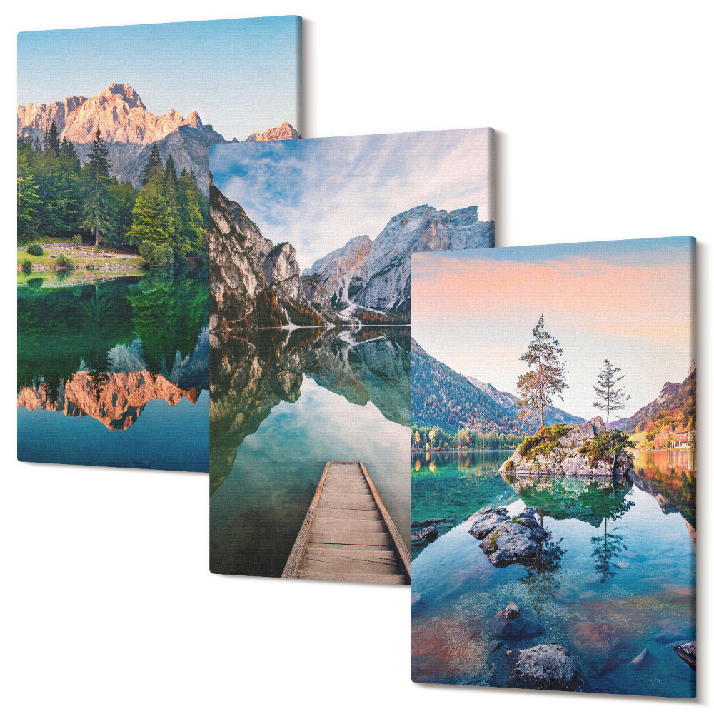 Háromrészes vászonkép szett Hegyi tavak tükröződésekkel a vízben és az erdőben