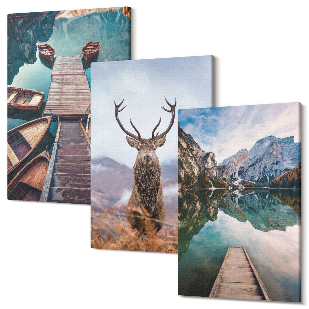 Kép szett triptichon Tó csónakokkal, szarvasokkal és hegyi tájjal