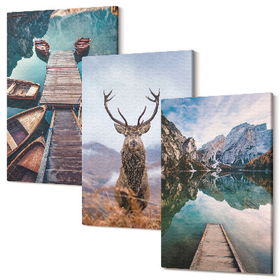 Kép szett triptichon Tó csónakokkal, szarvasokkal és hegyi tájjal